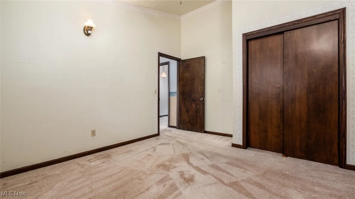 Unfurnished bedroom with crown molding, light colored carpet, and a closet