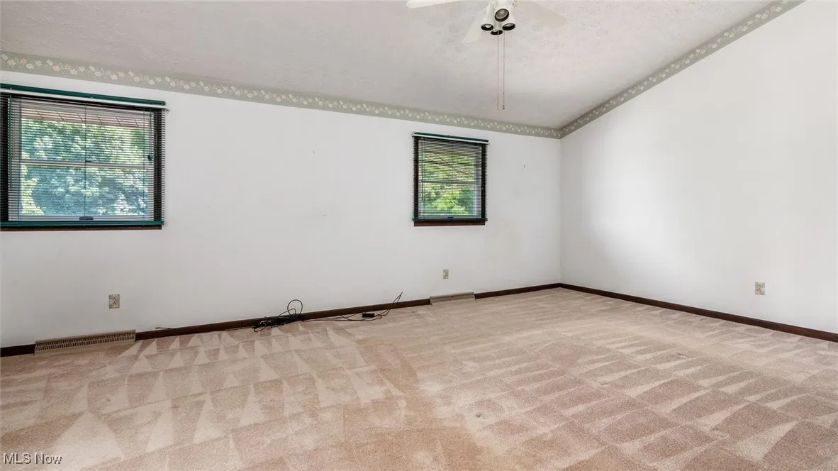 Unfurnished room featuring vaulted ceiling, plenty of natural light, light carpet, and ceiling fan
