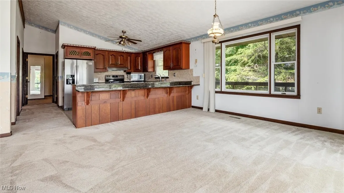 Kitchen featuring sink, kitchen peninsula, pendant lighting, light colored carpet, and stainless steel appliances