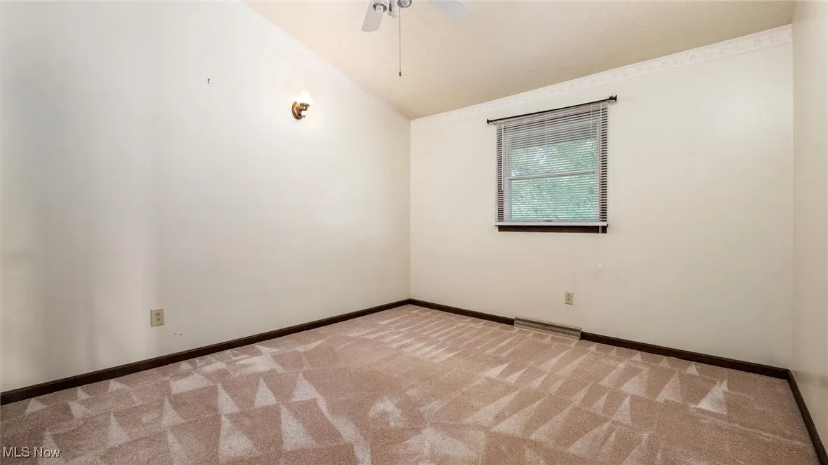Carpeted empty room featuring crown molding, vaulted ceiling, and ceiling fan