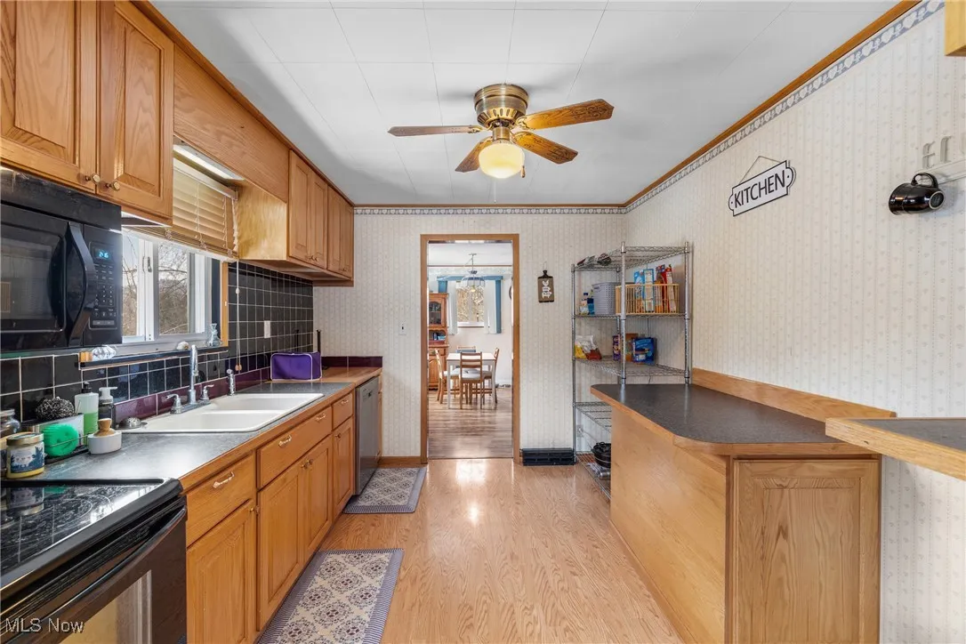 Kitchen with sink, crown molding, ceiling fan, light hardwood / wood-style floors, and black appliances
