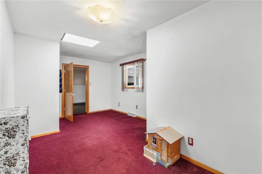 Carpeted spare room featuring a skylight