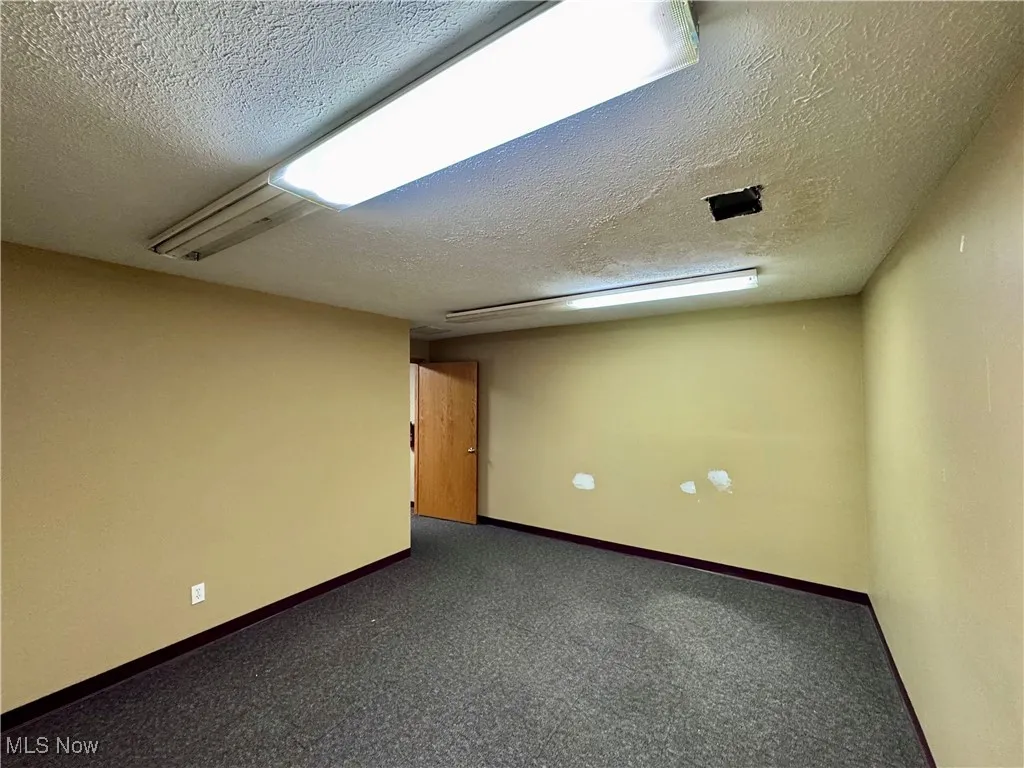 Carpeted spare room with a textured ceiling