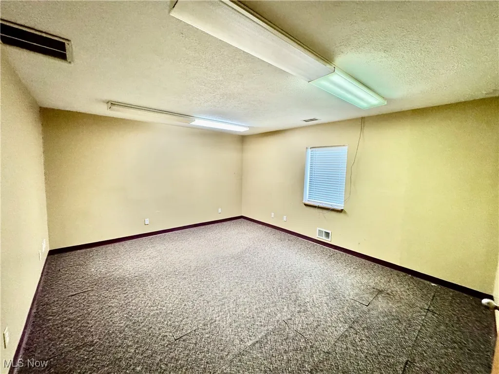 Carpeted spare room with a textured ceiling