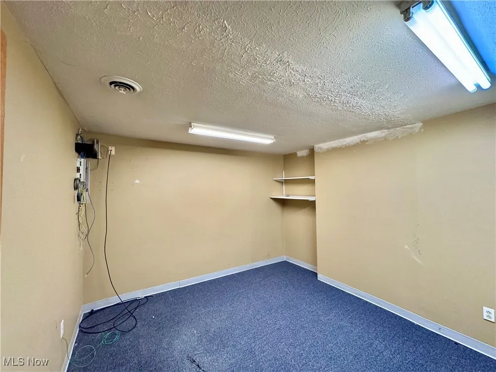 Basement with carpet flooring and a textured ceiling