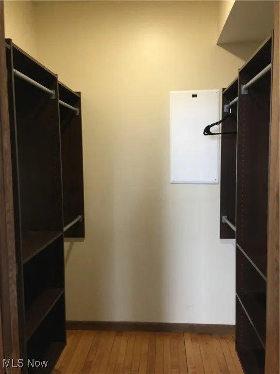 Walk in closet with light hardwood / wood-style flooring