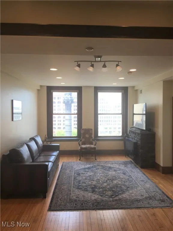 Living room with a wealth of natural light and light wood-type flooring