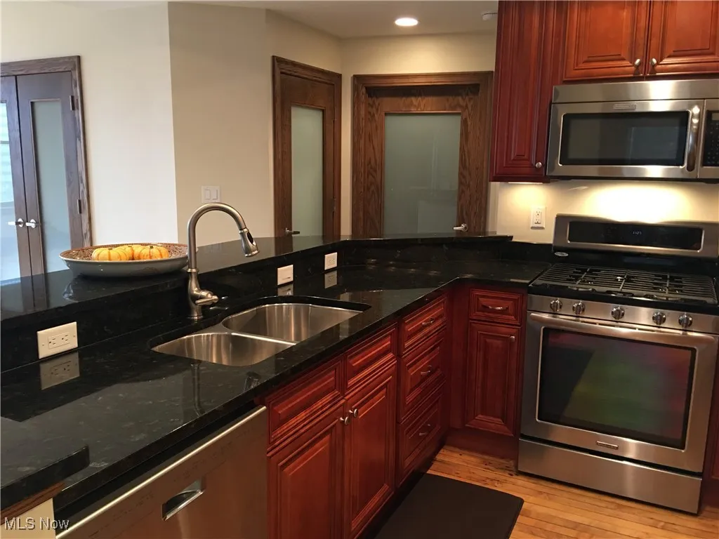 Kitchen featuring dark stone countertops, sink, stainless steel appliances, and light wood-type flooring