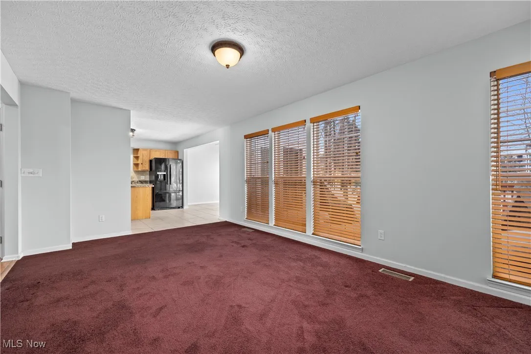 Unfurnished living room with light carpet and a textured ceiling