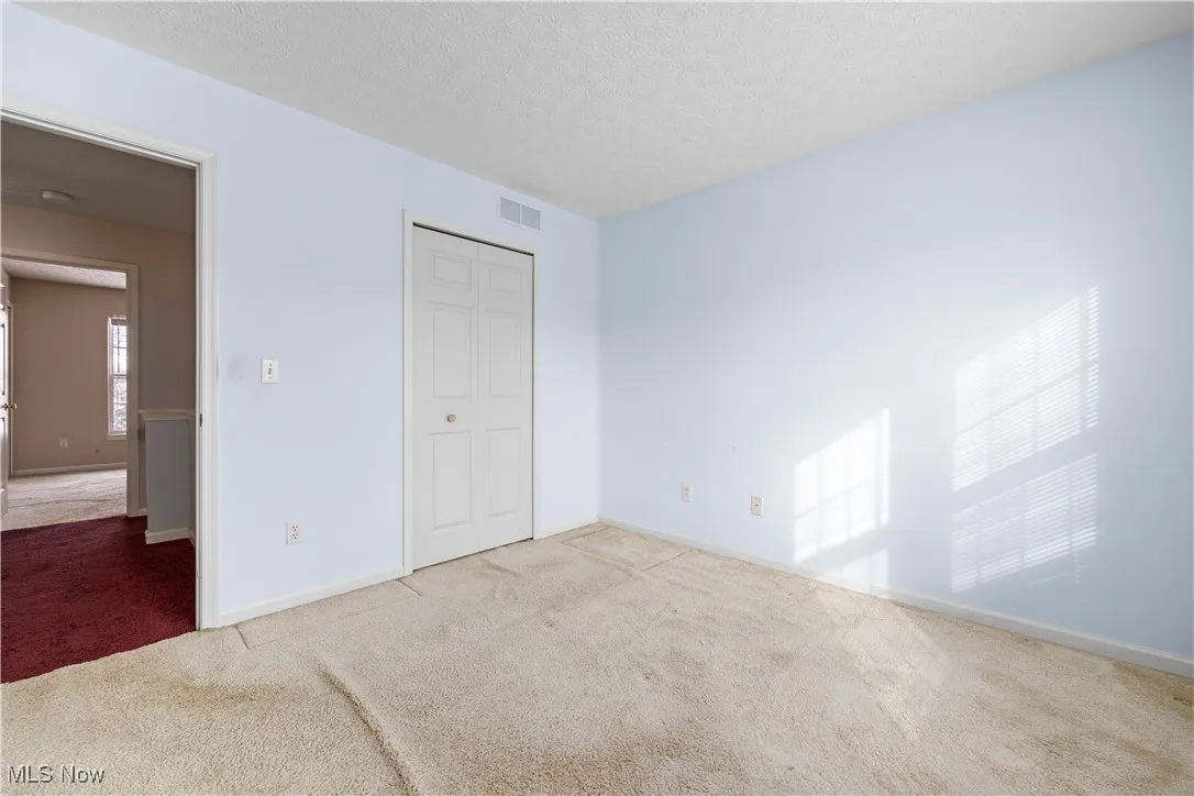 Unfurnished bedroom with a closet, light carpet, and a textured ceiling