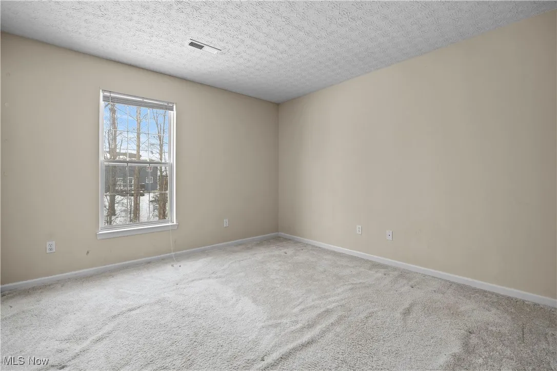 Carpeted spare room with a textured ceiling