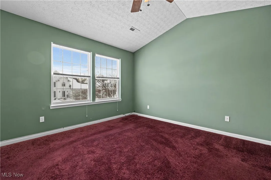 Carpeted spare room with lofted ceiling, ceiling fan, and a textured ceiling
