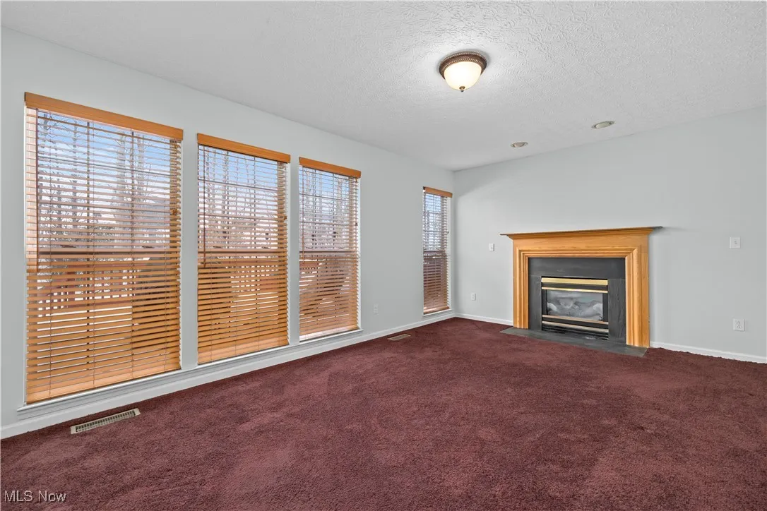 Unfurnished living room featuring carpet floors and a textured ceiling