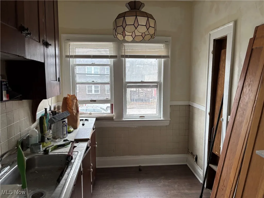 Kitchen with dark wood-type flooring and sink