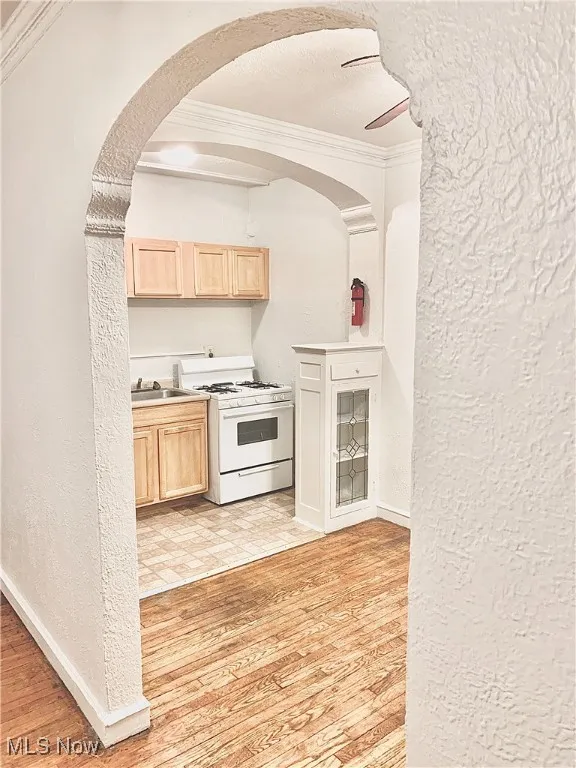 Kitchen with crown molding, light brown cabinets, light wood-type flooring, and white gas range oven