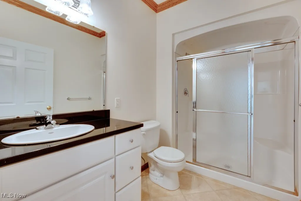 Bathroom with tile patterned flooring, vanity, a shower with door, and toilet