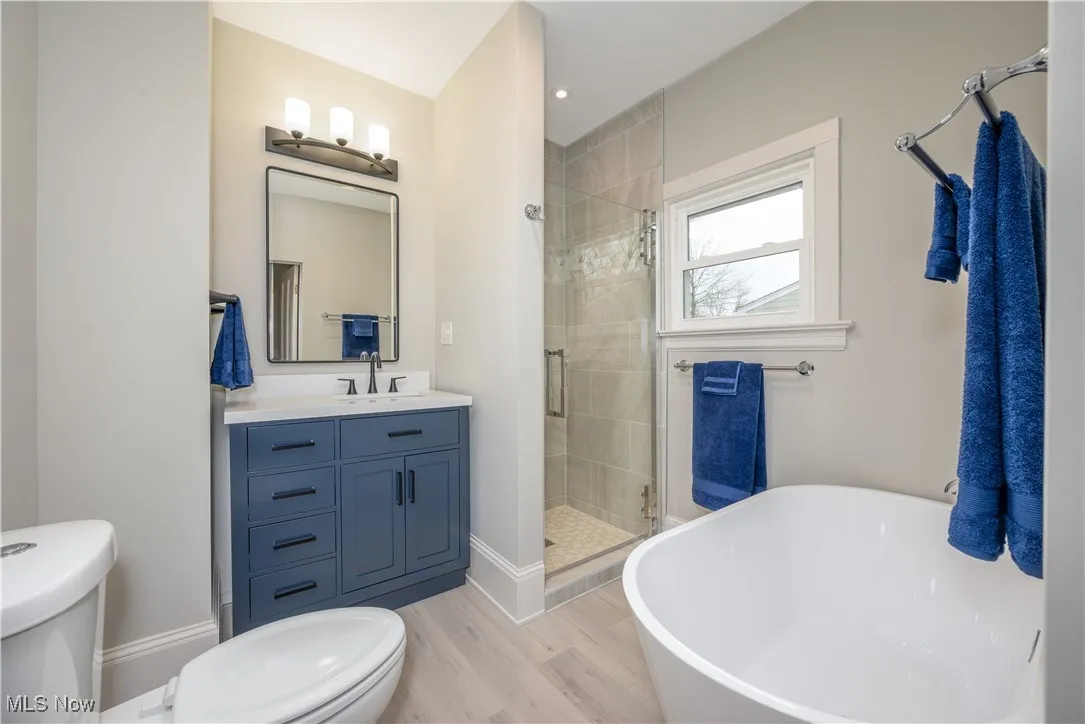Full bathroom with toilet, wood-type flooring, shower with separate bathtub, and vanity