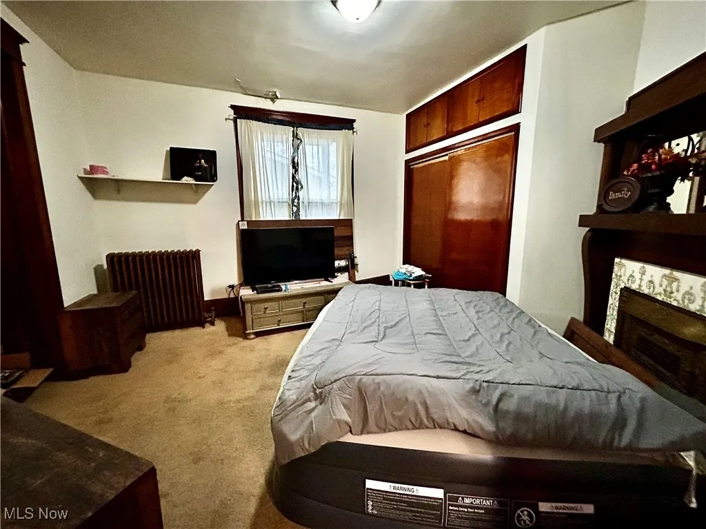 Bedroom with radiator and light colored carpet