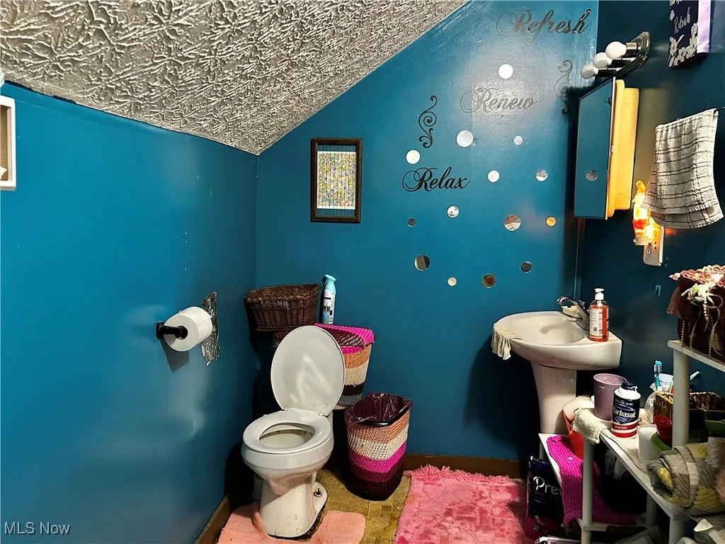 Bathroom featuring a textured ceiling, vaulted ceiling, and toilet