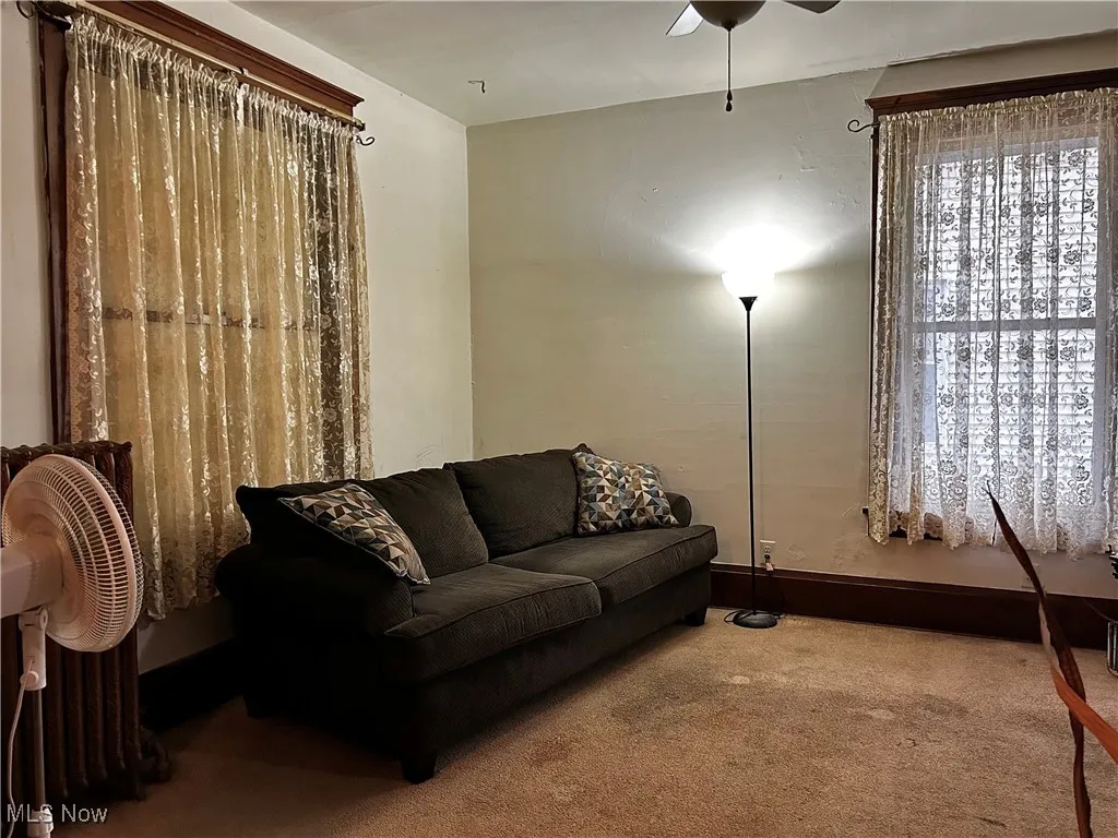 Living room with ceiling fan and carpet flooring