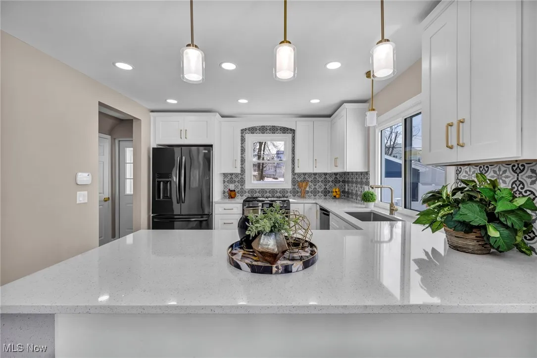 Kitchen with a sink, tasteful backsplash, a healthy amount of sunlight, and black fridge