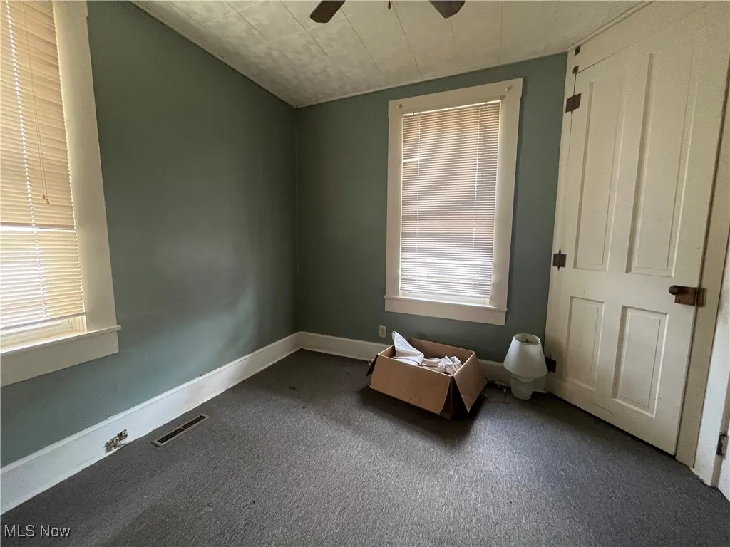 Carpeted empty room featuring plenty of natural light and ceiling fan