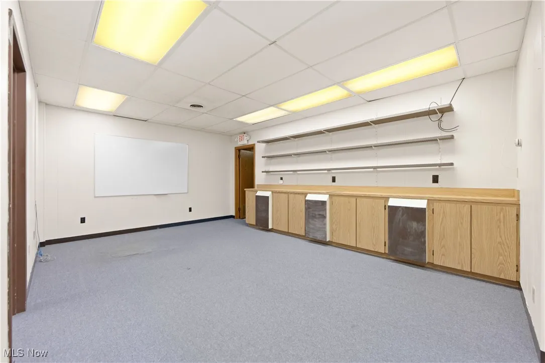 Basement with a drop ceiling and light colored carpet