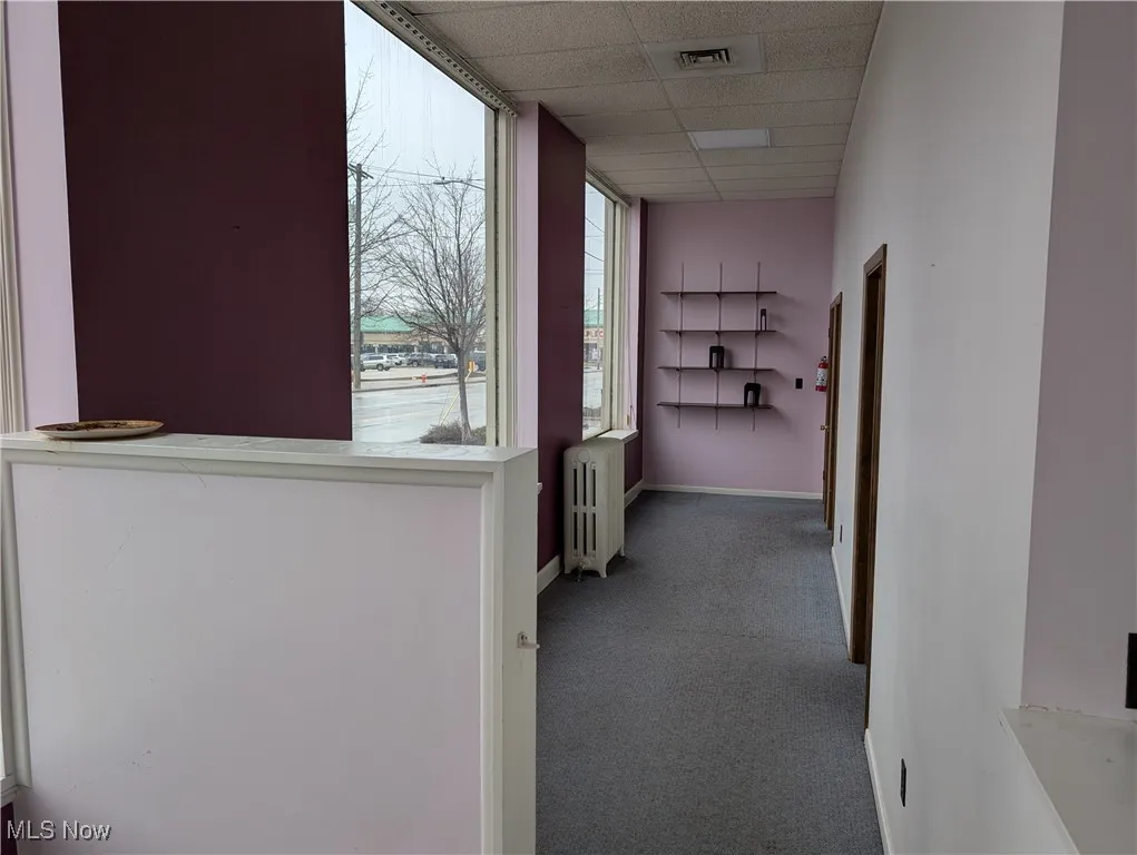 Units with radiator heating unit, a drop ceiling, and carpet floors.