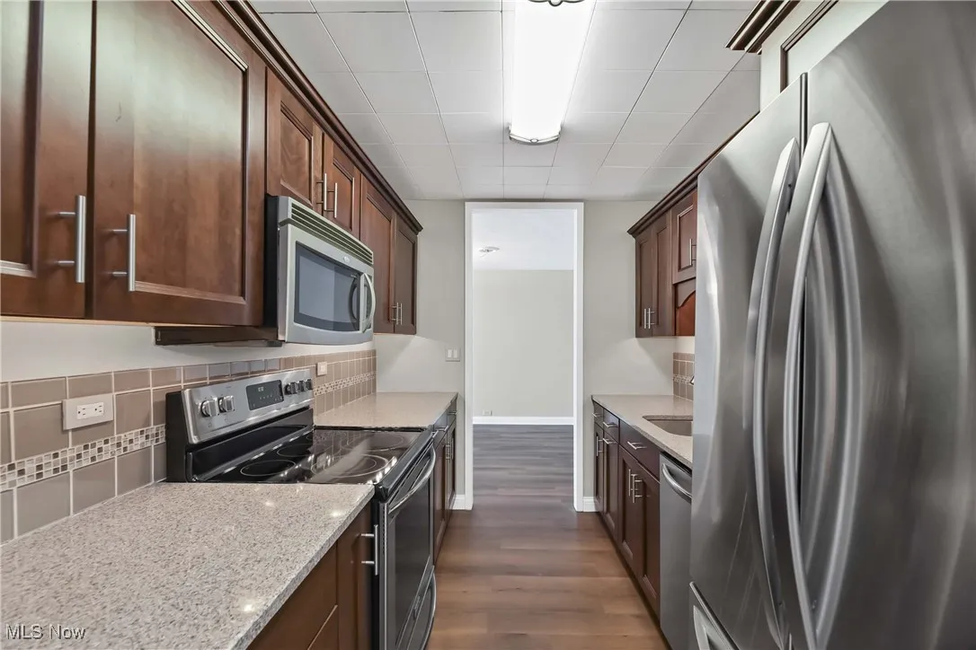 Kitchen featuring tasteful backsplash, stainless steel appliances, dark hardwood / wood-style flooring, and light stone countertops