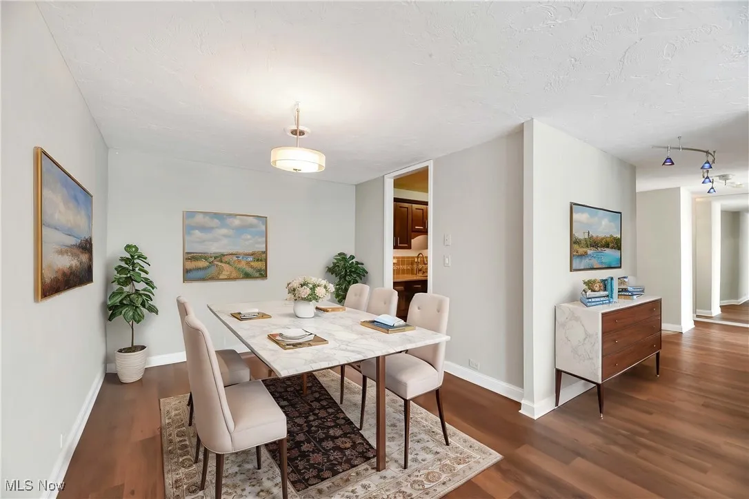 Dining area with dark hardwood / wood-style floors and a textured ceiling