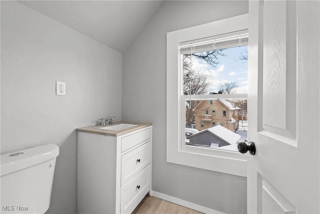 Bathroom with hardwood / wood-style flooring, toilet, vaulted ceiling, and vanity