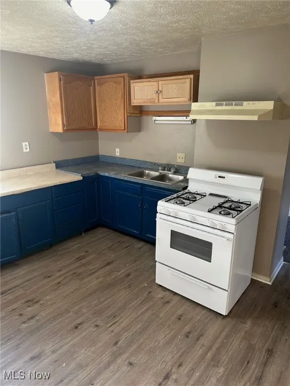 Kitchen with white range with gas cooktop, under cabinet range hood, dark wood-style floors, and a sink