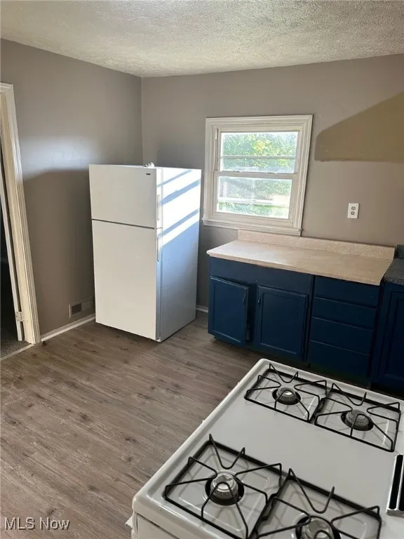 Kitchen with blue cabinetry, light countertops, wood finished floors, and white appliances