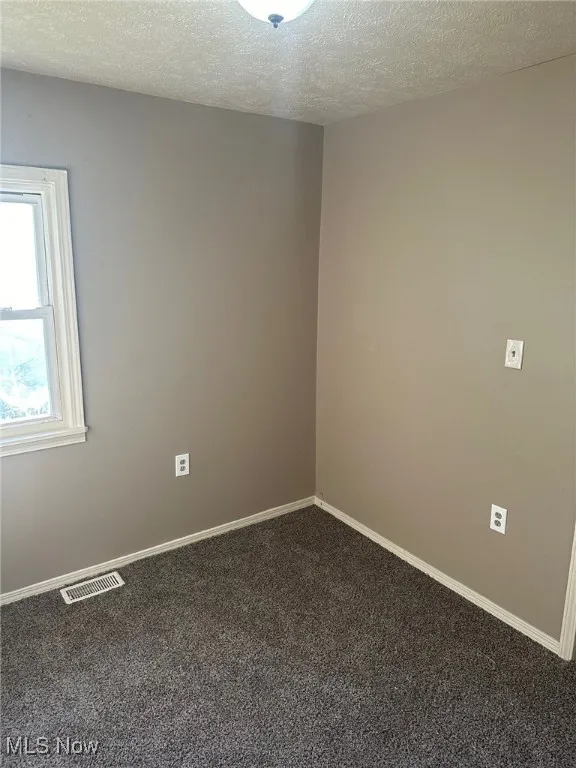 Unfurnished room with baseboards, visible vents, carpet, and a textured ceiling