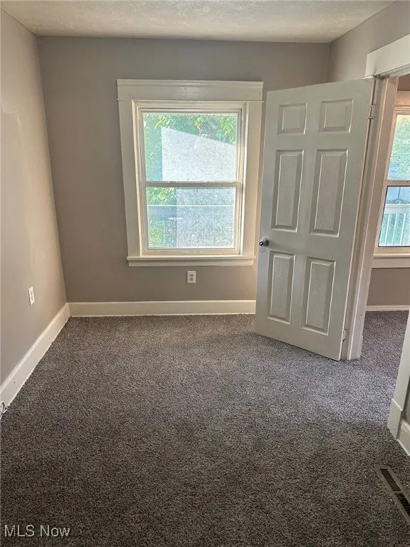Carpeted empty room with a textured ceiling, visible vents, baseboards, and plenty of natural light