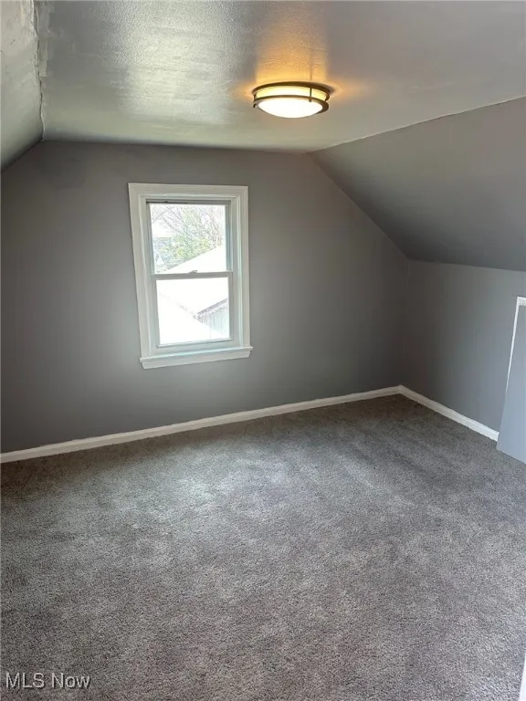 Additional living space featuring baseboards, lofted ceiling, carpet, and a textured ceiling