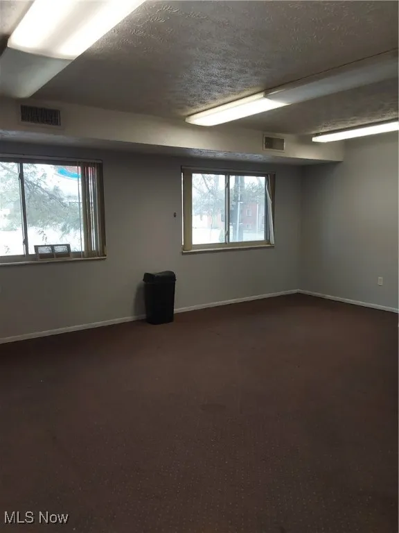 Unfurnished room featuring dark carpet, a healthy amount of sunlight, and a textured ceiling