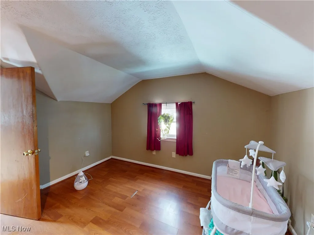 Additional living space with lofted ceiling, a textured ceiling, baseboards, and wood finished floors