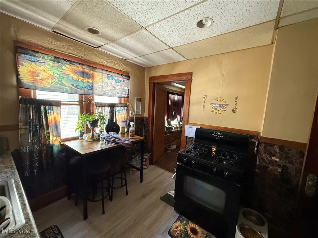 Kitchen with a paneled ceiling, wood finished floors, a wainscoted wall, and black range with gas stovetop