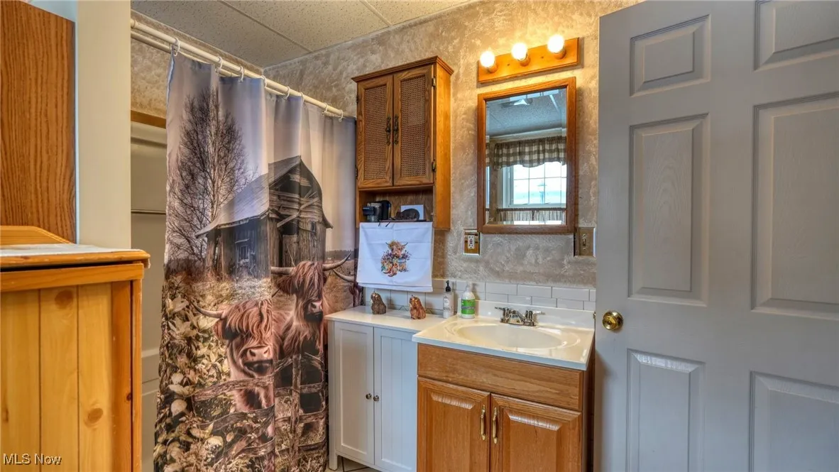 Full bath featuring tasteful backsplash, a shower with shower curtain, and vanity