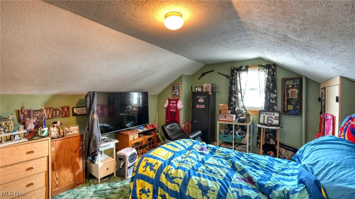 Carpeted bedroom featuring lofted ceiling and a textured ceiling