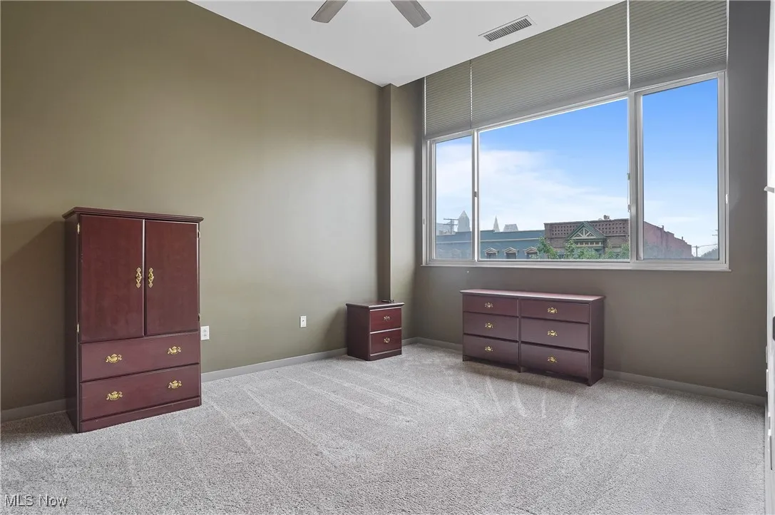 Carpeted bedroom with multiple windows and a ceiling fan