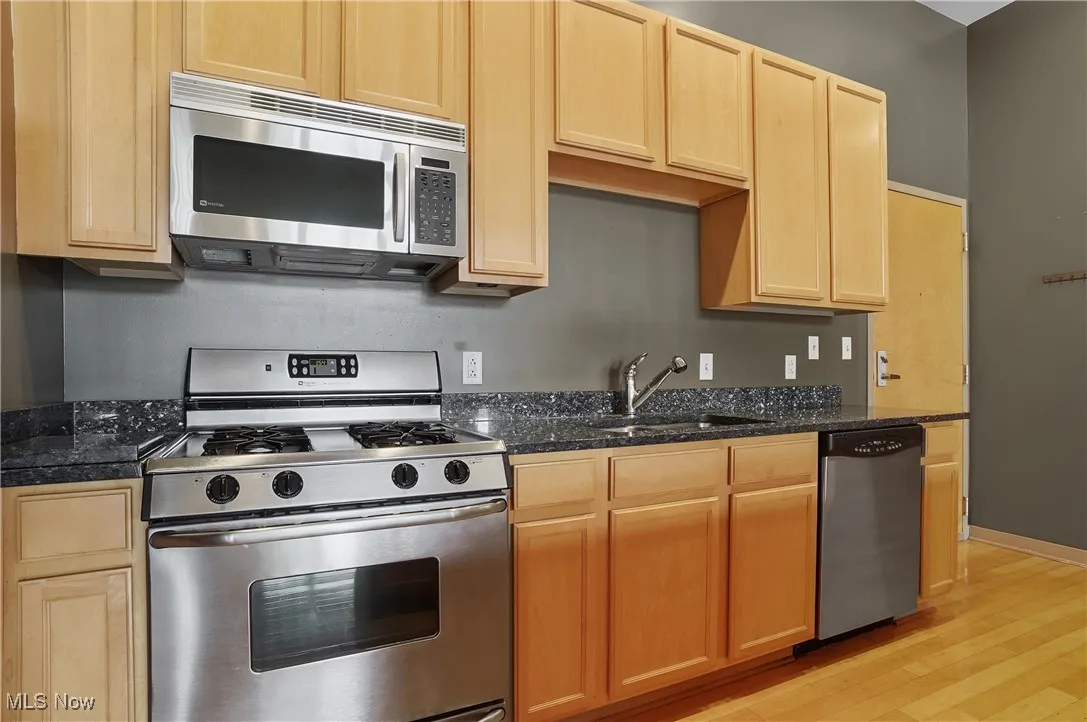 Kitchen featuring appliances with stainless steel finishes, light wood-type flooring, and light brown cabinetry