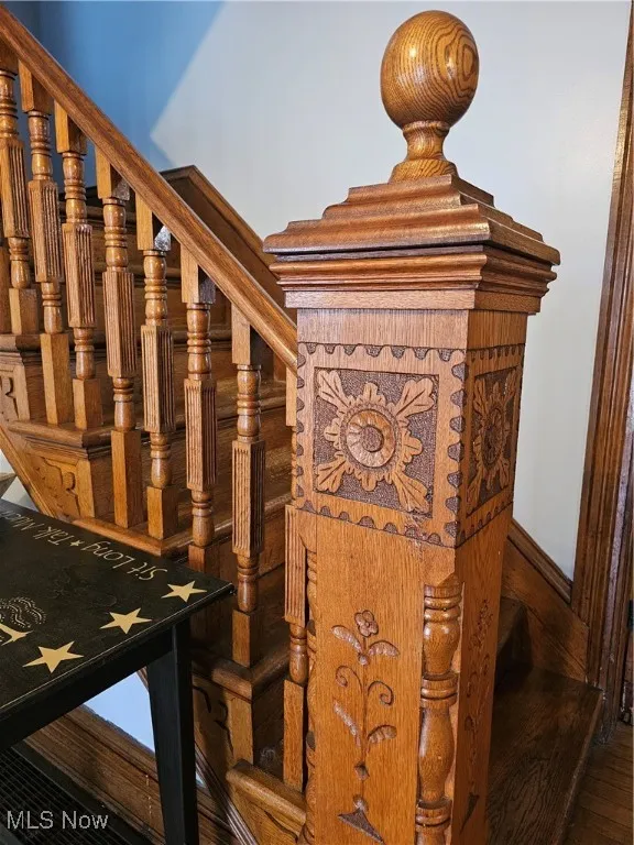 Ornamental woodwork on stairway