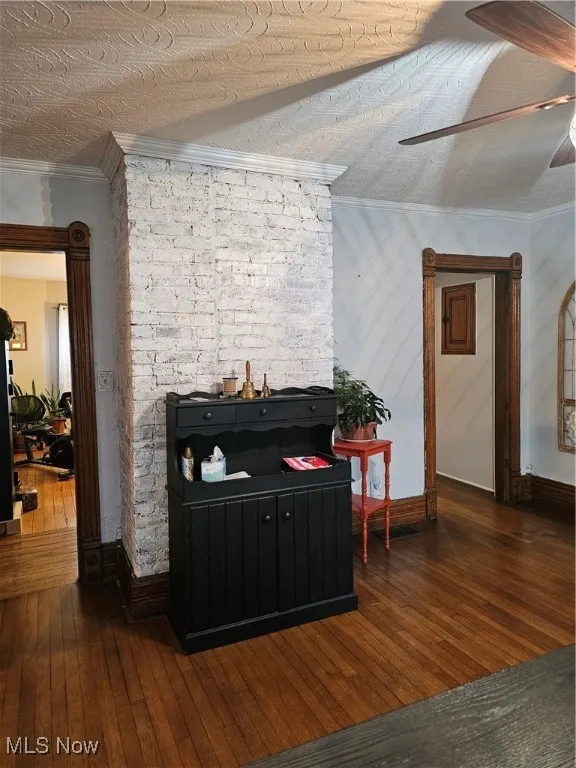 Brick chimney feature in dining room
