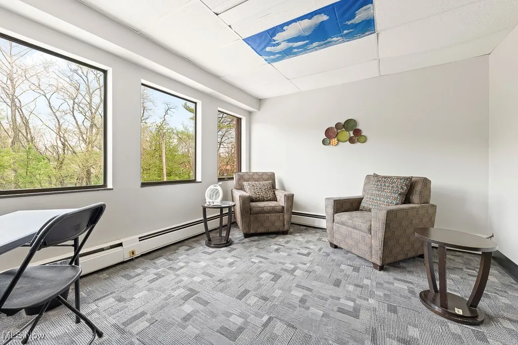 Living area with baseboard heating and carpet floors