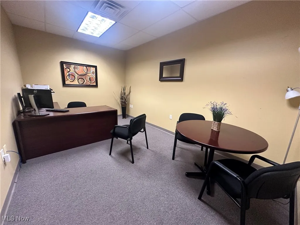 Carpeted office space with a drop ceiling and baseboards