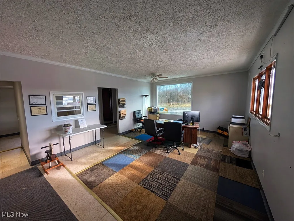 Home office with baseboards, ornamental molding, and a textured ceiling