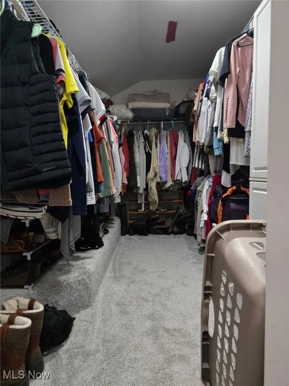 Walk in closet featuring carpet floors and vaulted ceiling