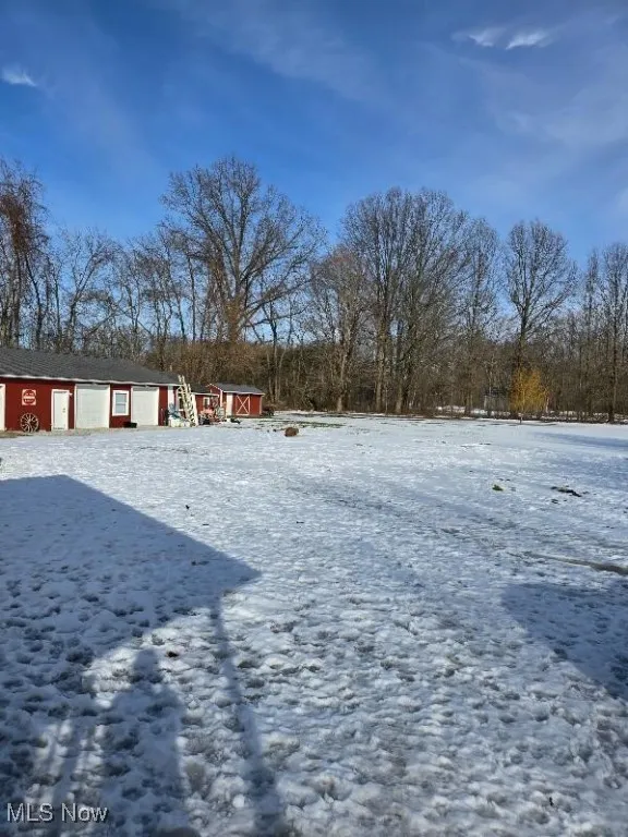 Yard layered in snow with an outdoor structure